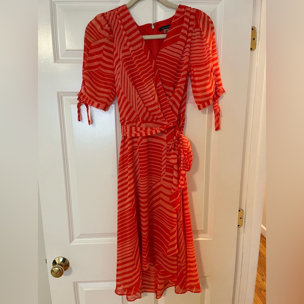 V neck orange and pink Striped Wrap Dress